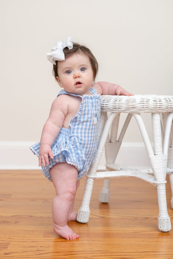 Blue Gingham Goose Lace Bow Ruffle Romper