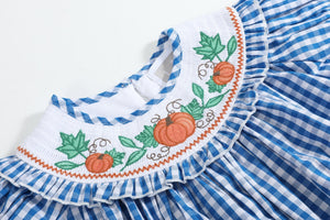 Blue Gingham Pumpkin Smocked Ruffle Bishop Dress