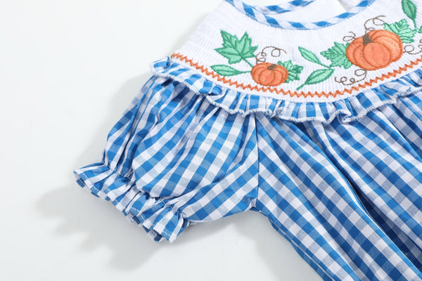 Blue Gingham Pumpkin Smocked Ruffle Bubble Romper