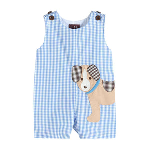 Blue gingham puppy shortalls for babies, shown from angle 2, perfect for playful and stylish summer outfits.
