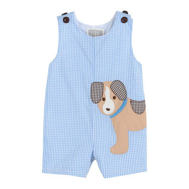 Blue gingham puppy shortalls for babies, perfect for stylish and playful outfits.