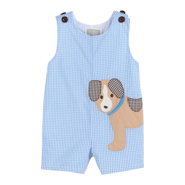 Blue gingham puppy shortalls for babies, perfect for stylish and playful outfits.