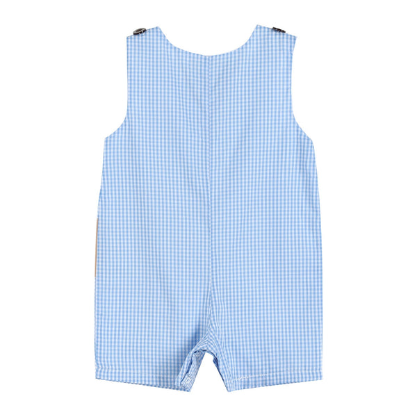 Blue gingham puppy shortalls for babies, shown from angle 3, perfect for playful and stylish outfits.