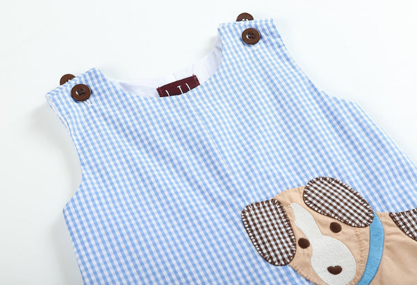 Blue gingham puppy shortalls for babies, featuring a playful design and comfortable fit, shown from angle 4.