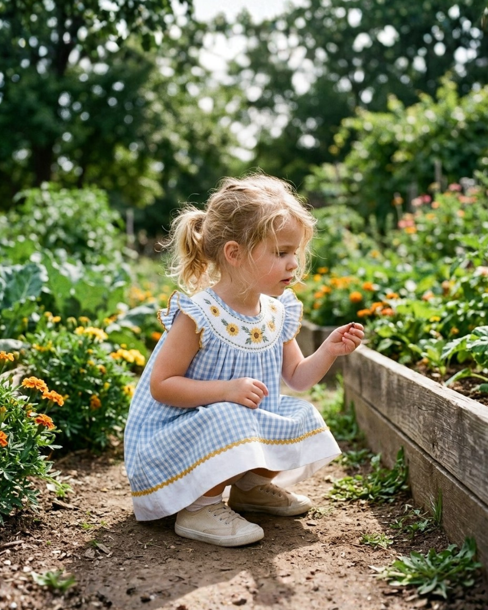 Blue gingham sunflower smocked bishop dress for babies, perfect for sunny days and special occasions.