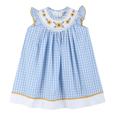 Blue gingham sunflower smocked bishop dress for babies, perfect for sunny days and special occasions.
