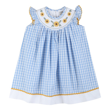 Blue Gingham Sunflower Smocked Bishop Dress