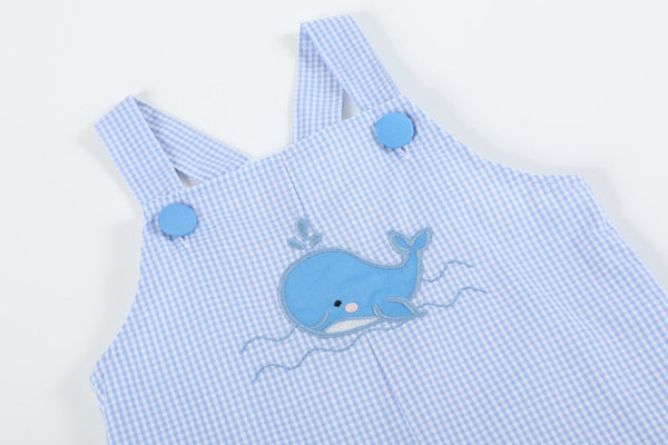Blue Gingham Whale Overall Shortalls