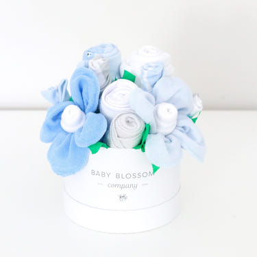Blue Hatbox Bouquet - Petite: Charming floral arrangement in a stylish blue hatbox, perfect for gifting or home decor.