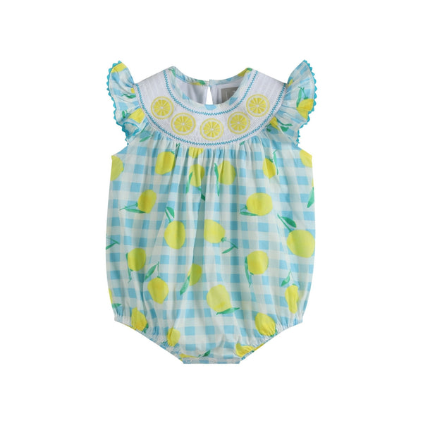 Blue Lemons Smocked Flutter-Sleeve Bubble Romper