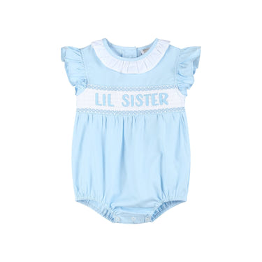 Blue Lil Sister Smocked Romper for babies, perfect for stylish comfort in any occasion.