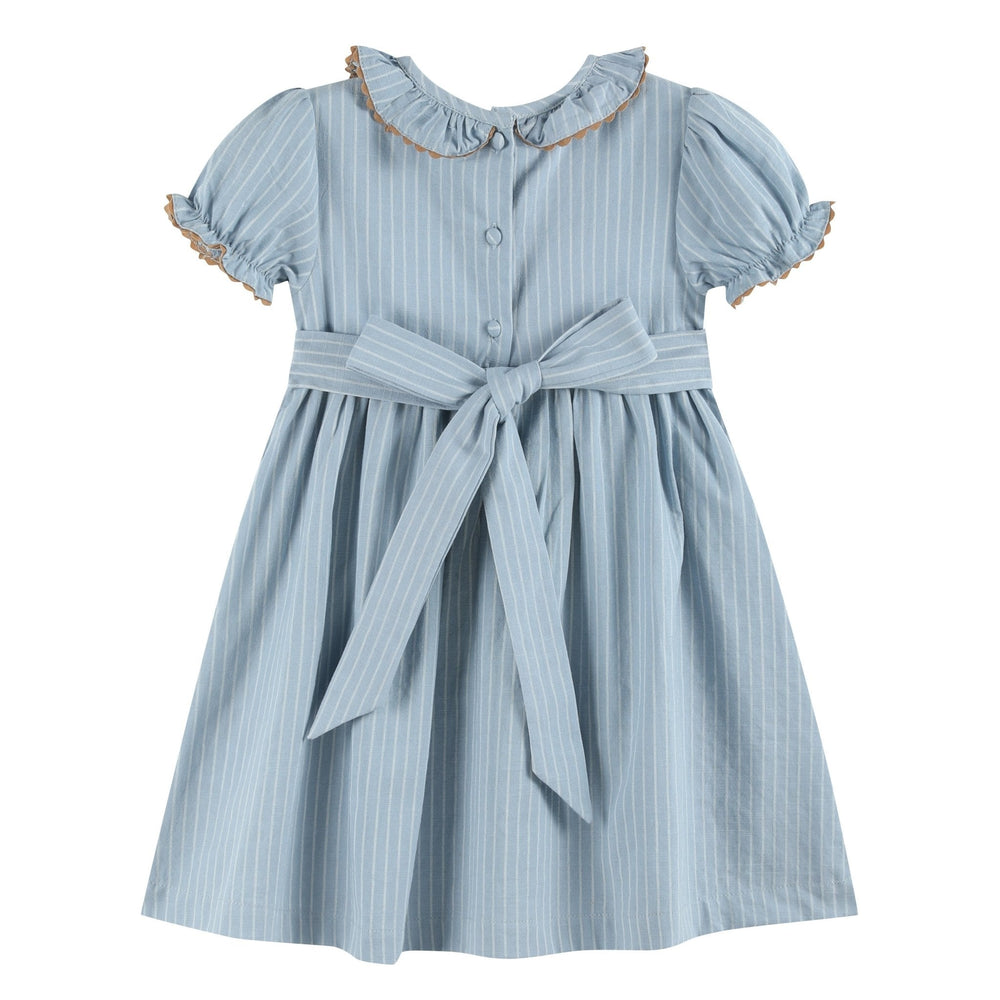 Blue Pinstripe Smocked Ruffle Collar Dress