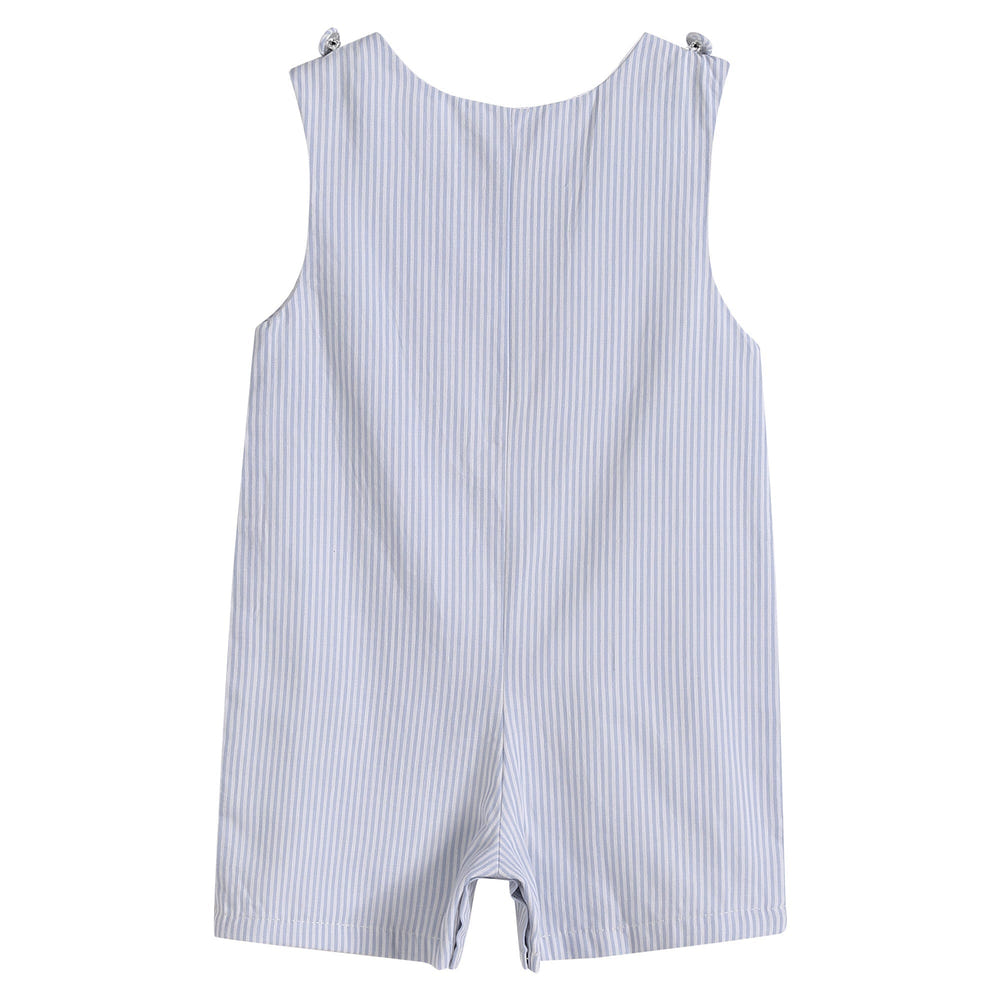 Blue Puppy Appliqué Seersucker Shortalls for babies, featuring a cute puppy design on a stylish blue fabric.