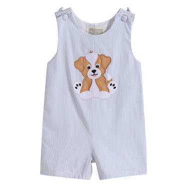 Blue Puppy Appliqué Seersucker Shortalls for babies, featuring a cute puppy design on a stylish blue fabric.