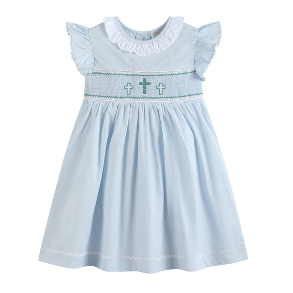 Blue Ruffled Crosses Smocked Dress
