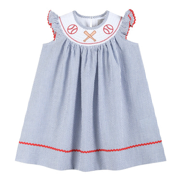 Blue Seersucker Baseball Smocked Bishop Dress