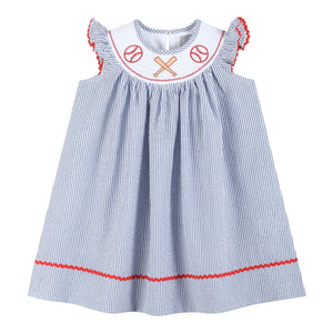 Blue Seersucker Baseball Smocked Bishop Dress