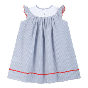 Blue Seersucker Baseball Smocked Bishop Dress