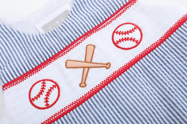 Blue Seersucker Baseball Smocked Shortalls
