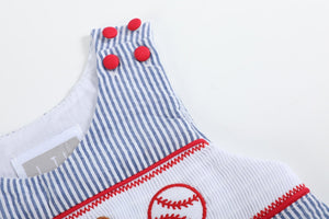 Blue Seersucker Baseball Smocked Shortalls