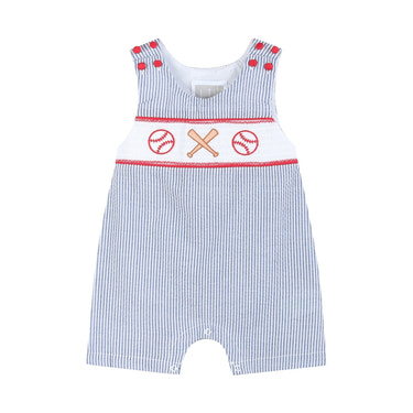 Blue Seersucker Baseball Smocked Shortalls