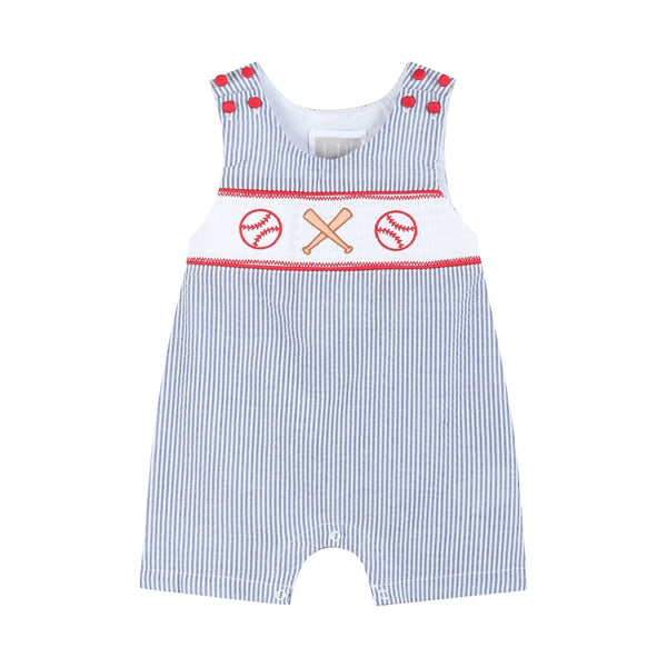 Blue Seersucker Baseball Smocked Shortalls