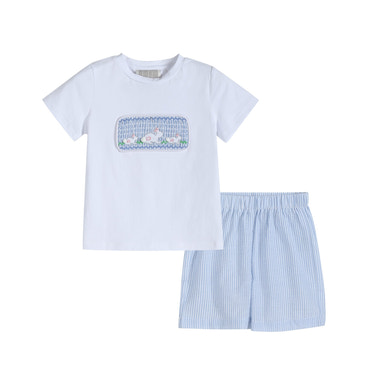Blue seersucker bunnies smocked shirt and shorts set for babies, perfect for warm weather and playful outings.