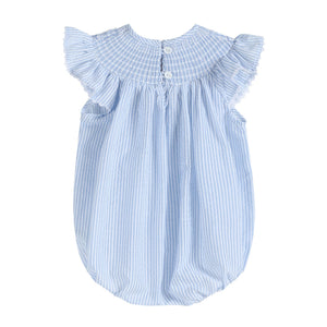 Blue seersucker bunny smocked flutter romper for babies, angle view showcasing cute design and soft fabric.