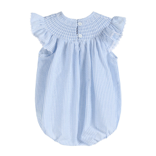 Blue seersucker bunny smocked flutter romper for babies, angle view showcasing cute design and soft fabric.