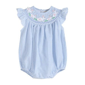 Blue Seersucker Bunny Smocked Flutter Romper for babies - cute and comfortable summer outfit.