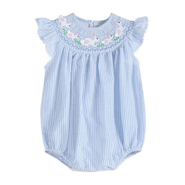 Blue Seersucker Bunny Smocked Flutter Romper for babies - cute and comfortable summer outfit.