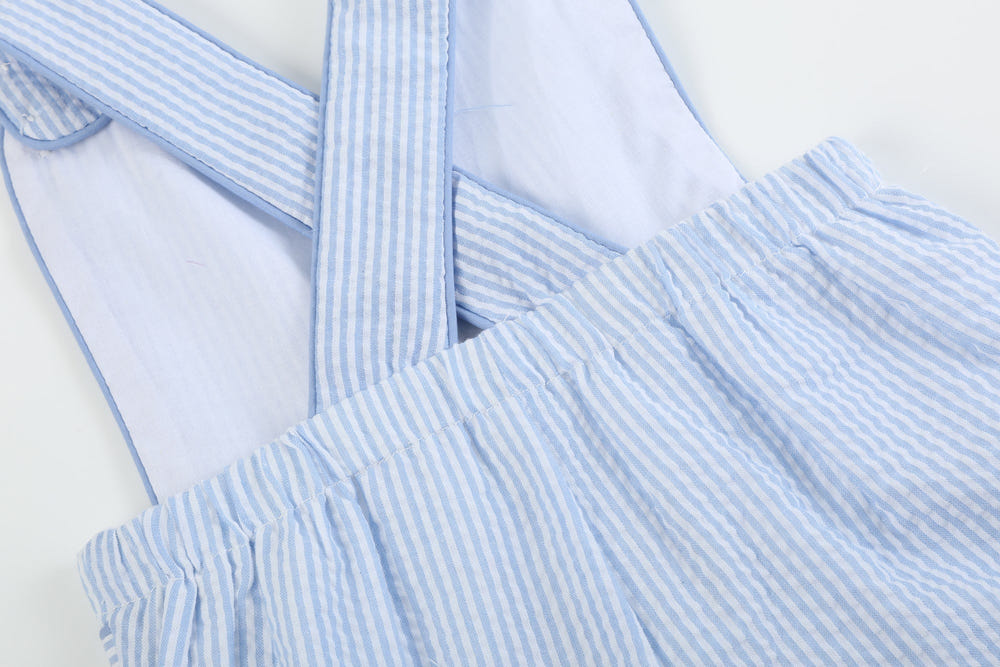 Blue seersucker Easter bunny shortalls for babies, perfect for spring celebrations and adorable outfits.