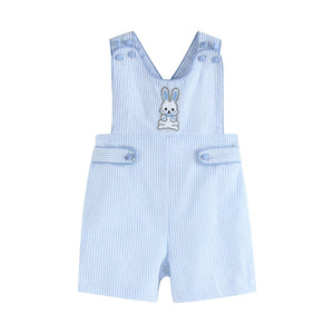 Blue seersucker Easter bunny shortalls for babies, perfect for spring celebrations and adorable outfits.