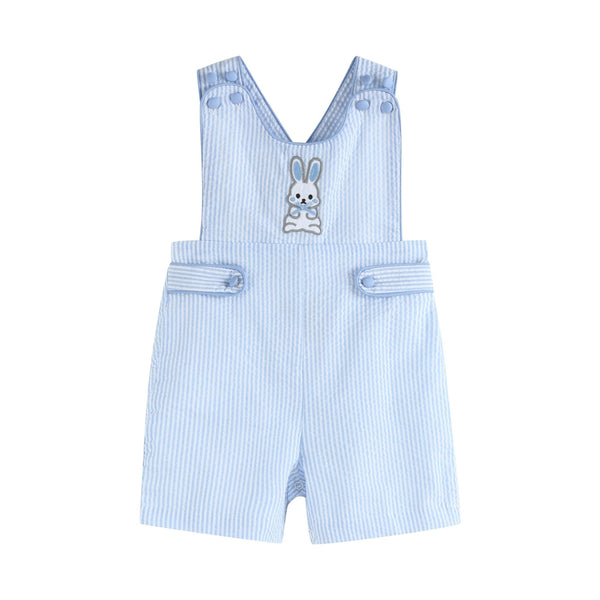 Blue seersucker Easter bunny shortalls for babies, perfect for spring celebrations and adorable outfits.