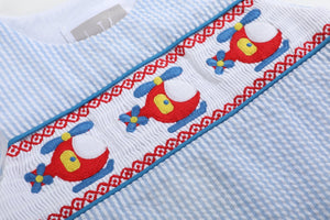 Blue Seersucker Helicopter Smocked Shortalls