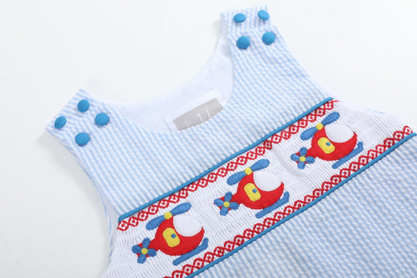 Blue Seersucker Helicopter Smocked Shortalls