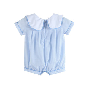 Blue stripe bunny romper for babies, featuring a cute design and comfortable fit, angle view 4.