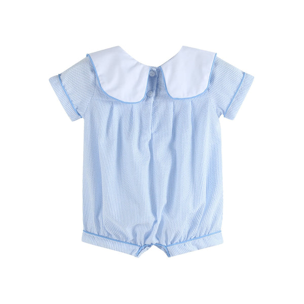 Blue stripe bunny romper for babies, featuring a cute design and comfortable fit, angle view 4.