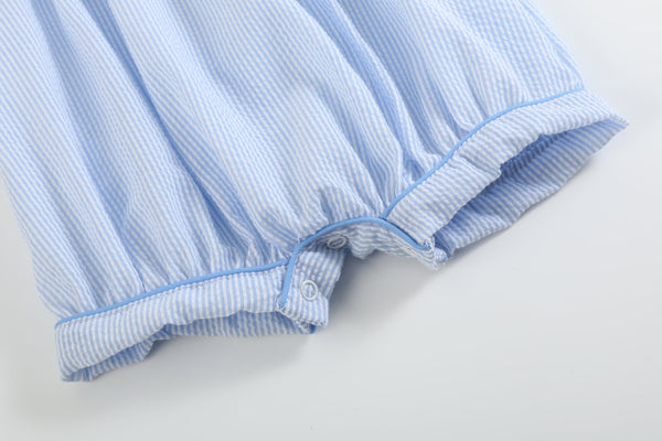 Blue stripe bunny romper for babies, featuring a cute design and comfortable fit, showcased from angle 2.