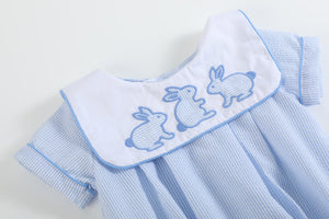 Blue stripe bunny romper for babies, showcasing a cute design from an angled view. Perfect for playful outfits.