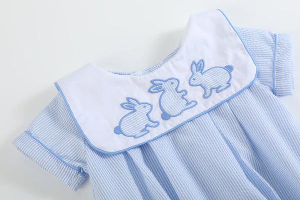 Blue stripe bunny romper for babies, showcasing a cute design from an angled view. Perfect for playful outfits.