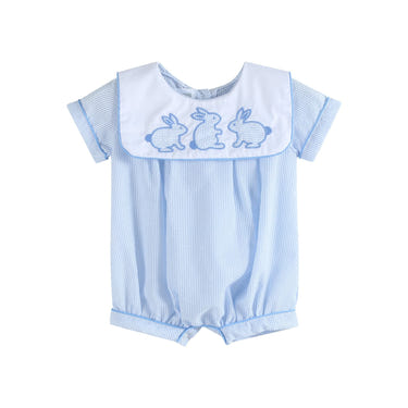 Blue stripe bunny romper for babies, perfect for playful and stylish outfits.