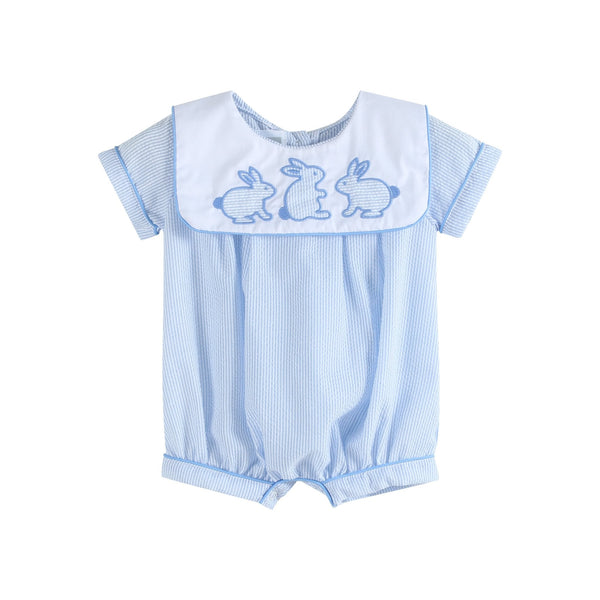 Blue stripe bunny romper for babies, perfect for playful and stylish outfits.