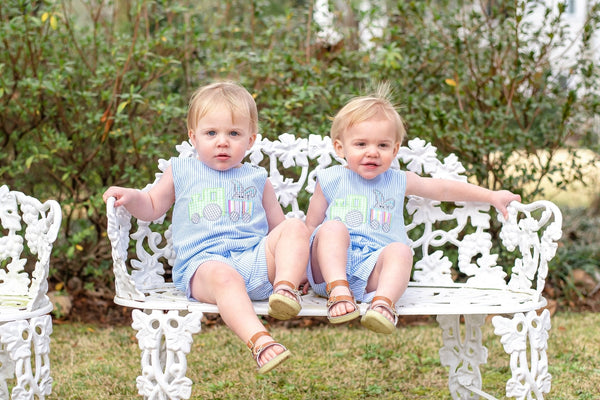 Blue Striped Bunny Train Shortalls