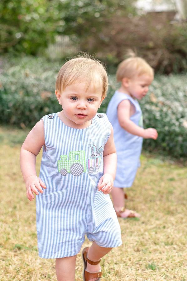 Blue Striped Bunny Train Shortalls
