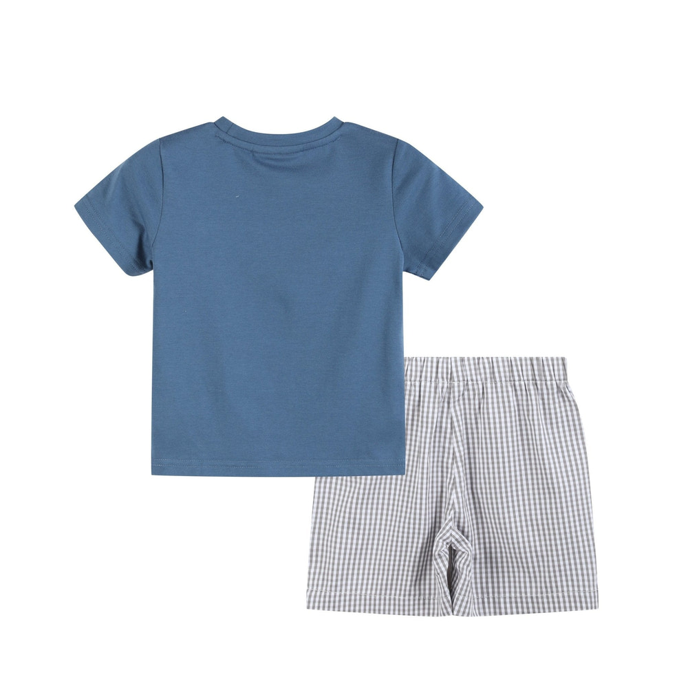 Blue Tractor Smocked Shirt and Gray Shorts Set