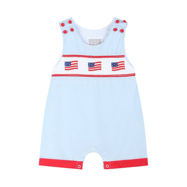Blue USA Flag Smocked Shortalls for babies - stylish and patriotic romper for little ones.