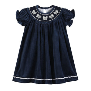 Blue Velvet Silver Bows Smocked Ruffle Bishop Dress