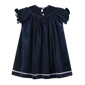 Blue Velvet Silver Bows Smocked Ruffle Bishop Dress
