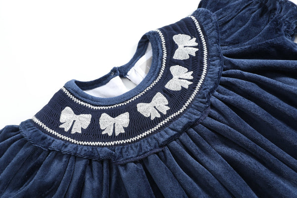 Blue Velvet Silver Bows Smocked Ruffle Bishop Dress